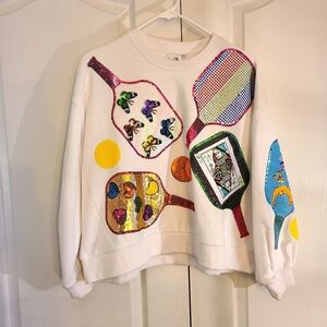 Queen of Sparkles White Sweatshirt Colorful Sequin Pickleball Paddle Barbie Glam